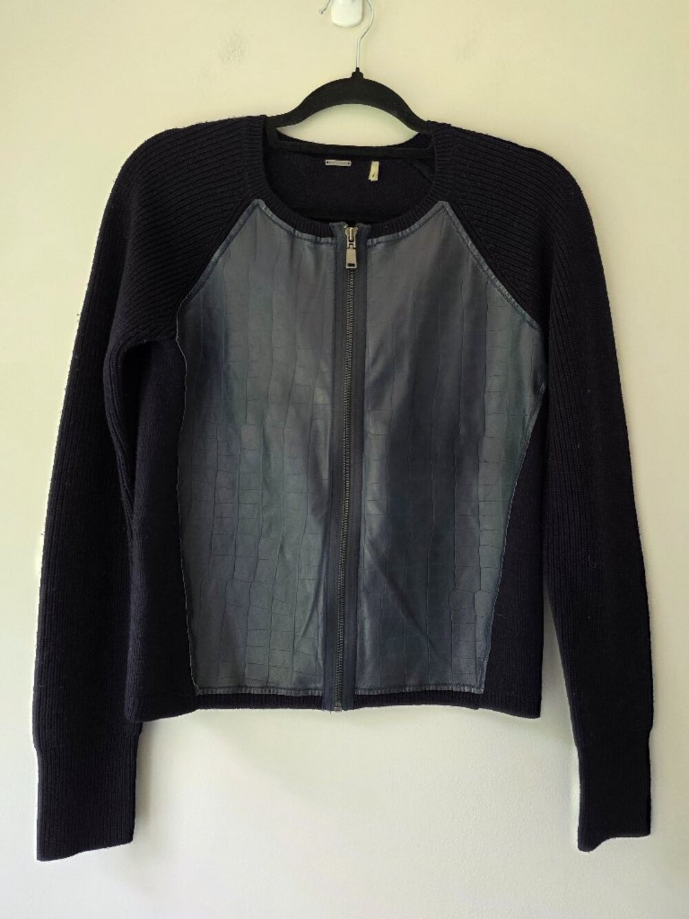 Elie Tahari Leather Front Panel Wool Cardigan Zip Jacket Department Women Size S